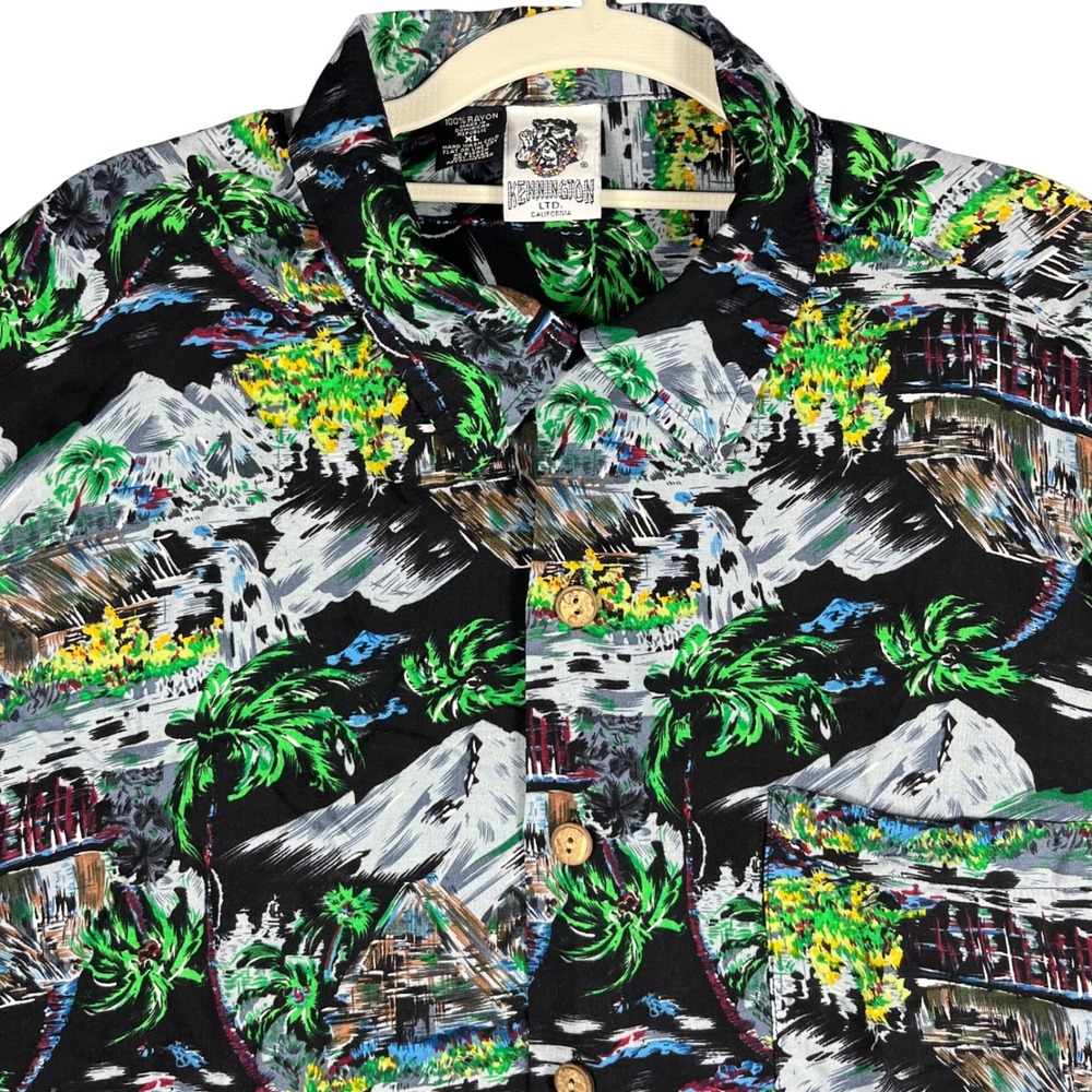 Kennington Button Down Shirt Men XL Black Tropical Island Rayon Short Sleeve VTG